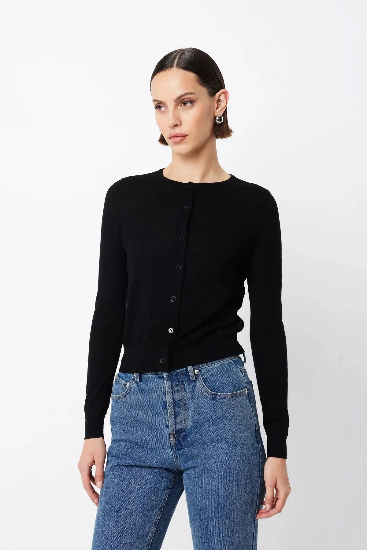 Maine Cardigan in Black Merino Wool Mossman