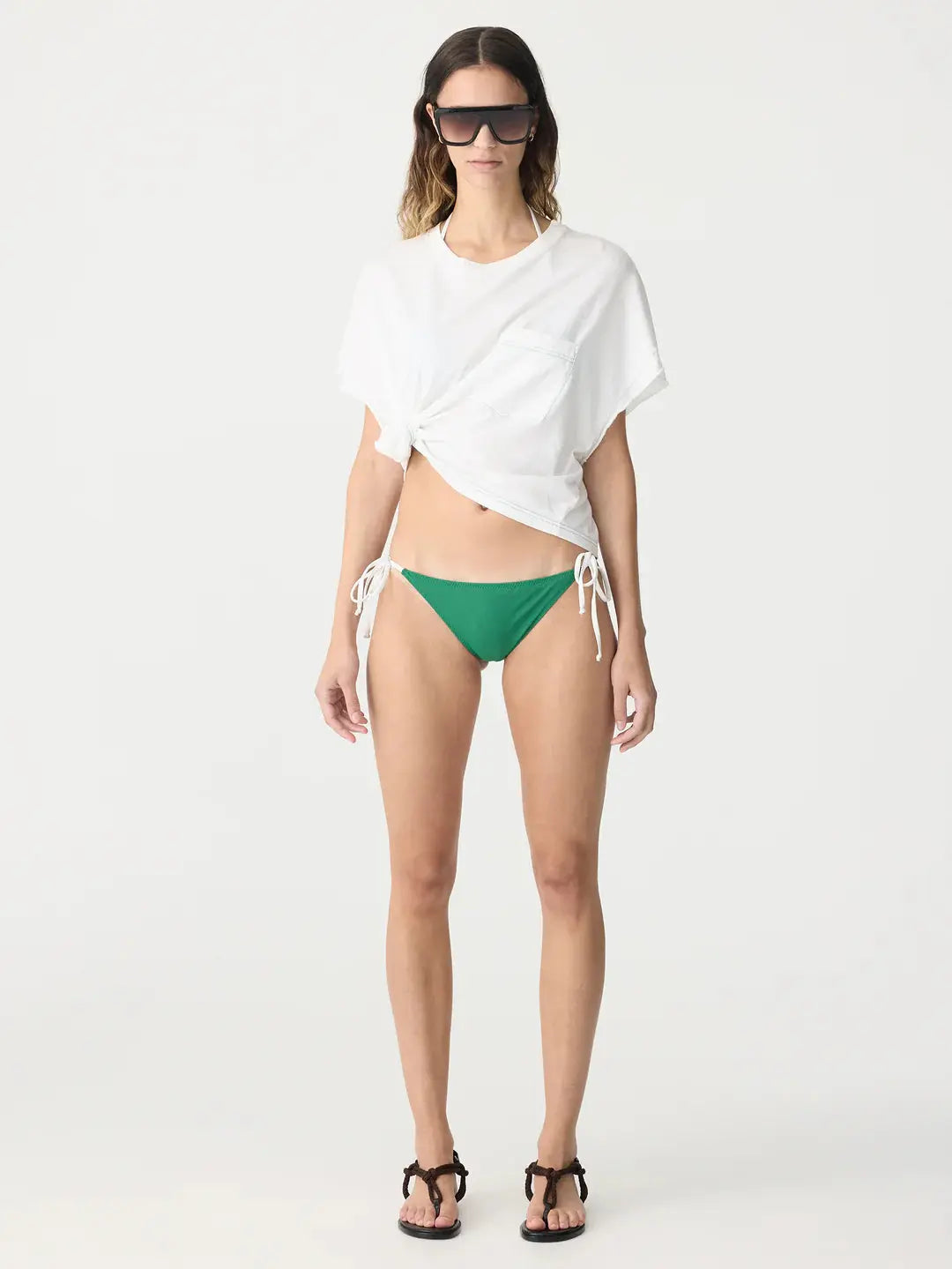 Boxy Pocket Detail Short Sleeve T-Shirt in White and Aloe Vera BASSIKE