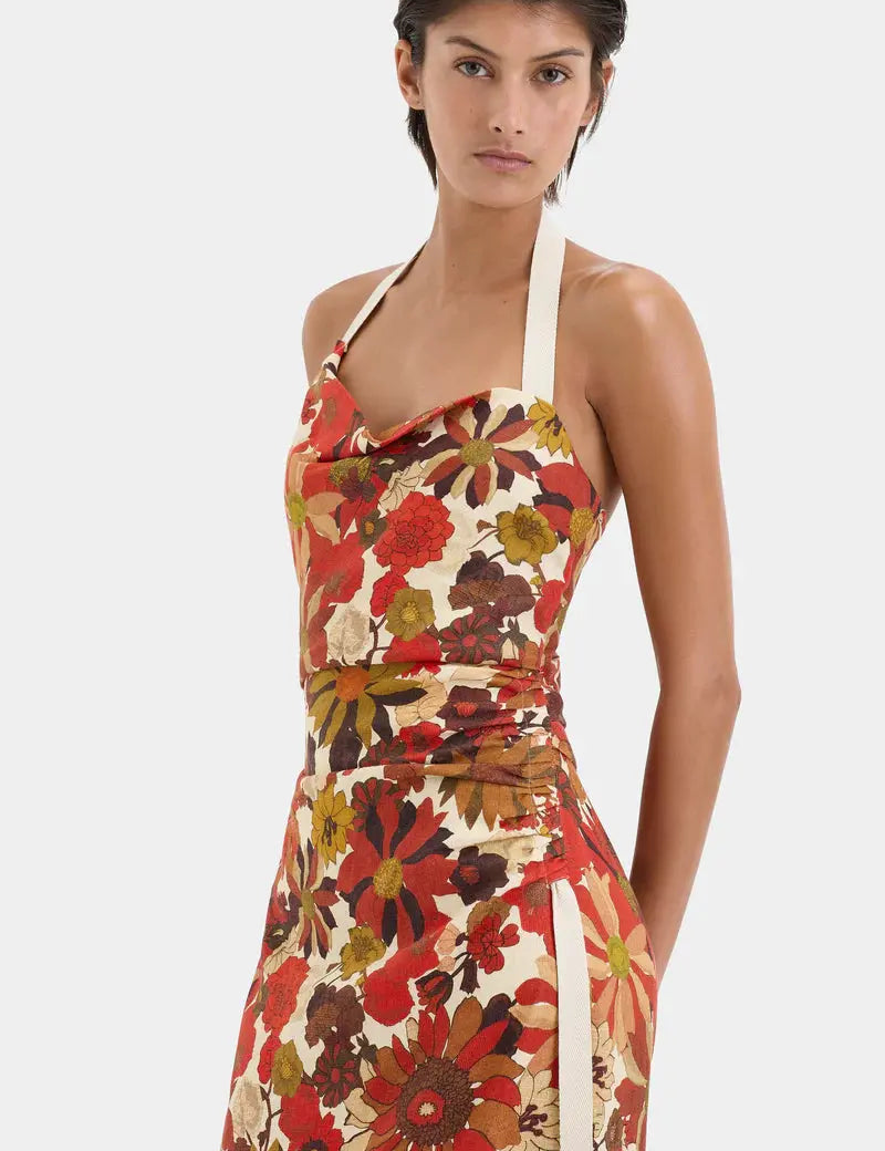 Castella Gathered Midi Dress in Flora Rosso Sir.
