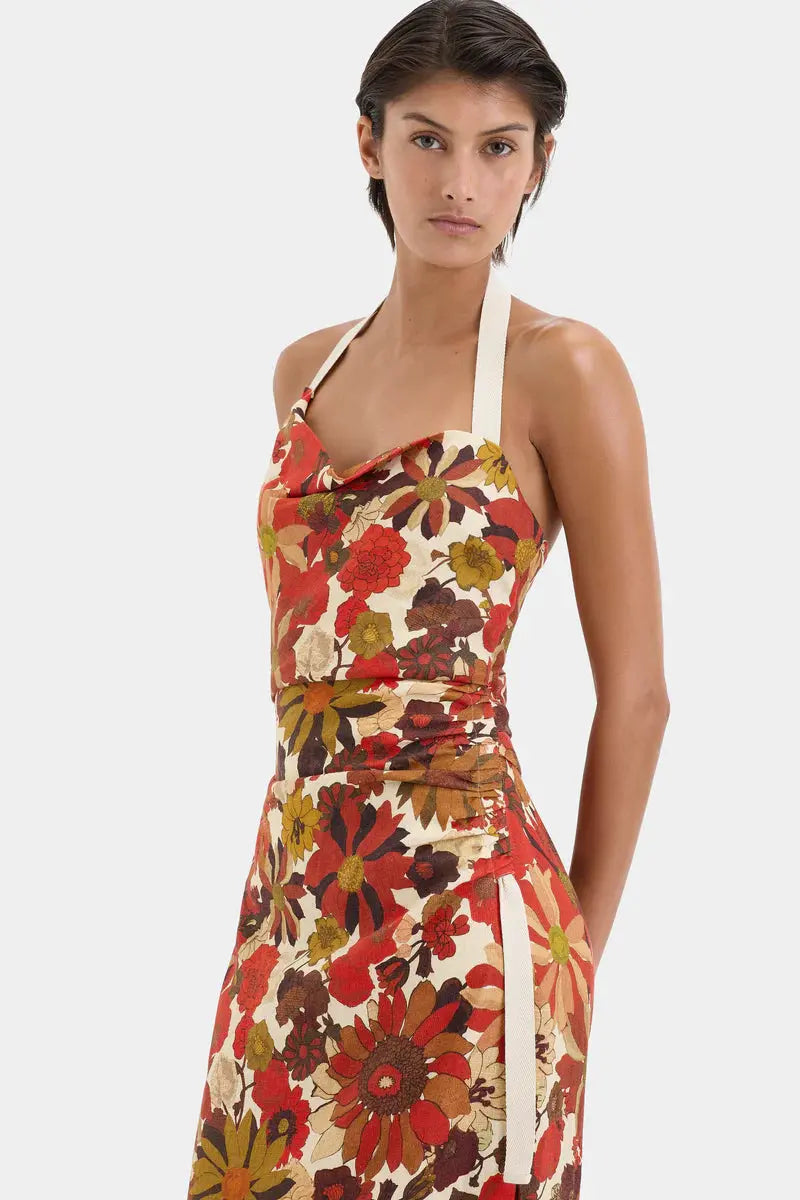 Castella Gathered Midi Dress in Flora Rosso Sir.