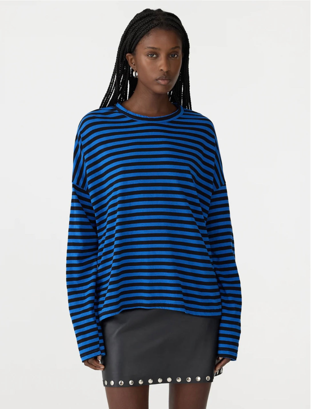 Stripe Boxy Heritage L/S Tshirt in Cobalt and Black - BASSIKE