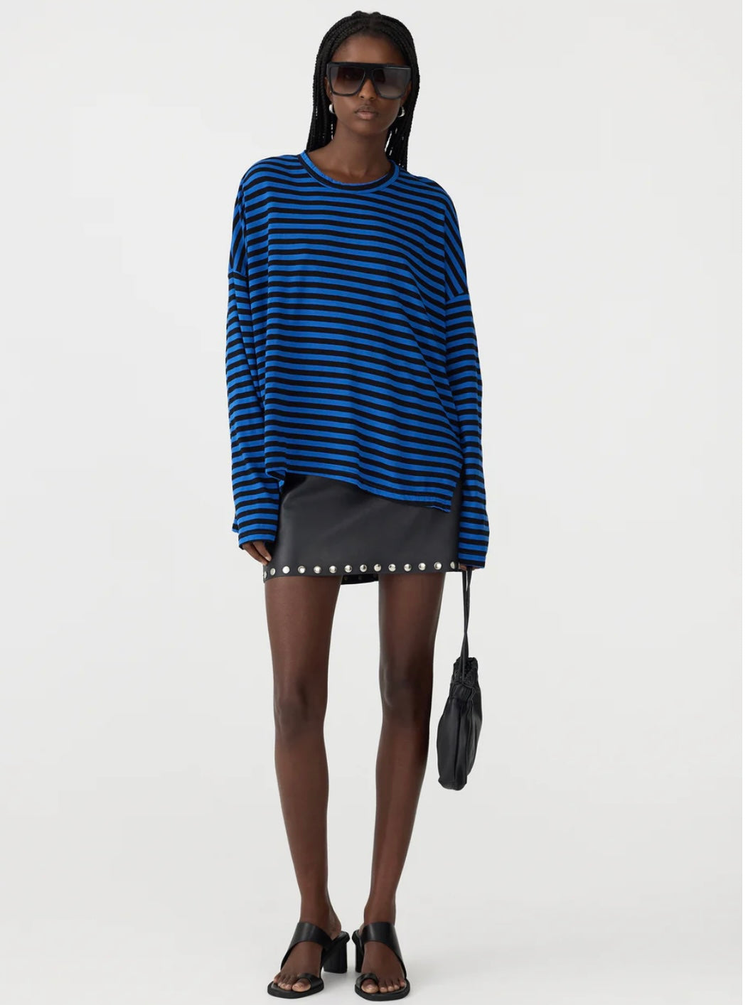 Stripe Boxy Heritage L/S Tshirt in Cobalt and Black - BASSIKE