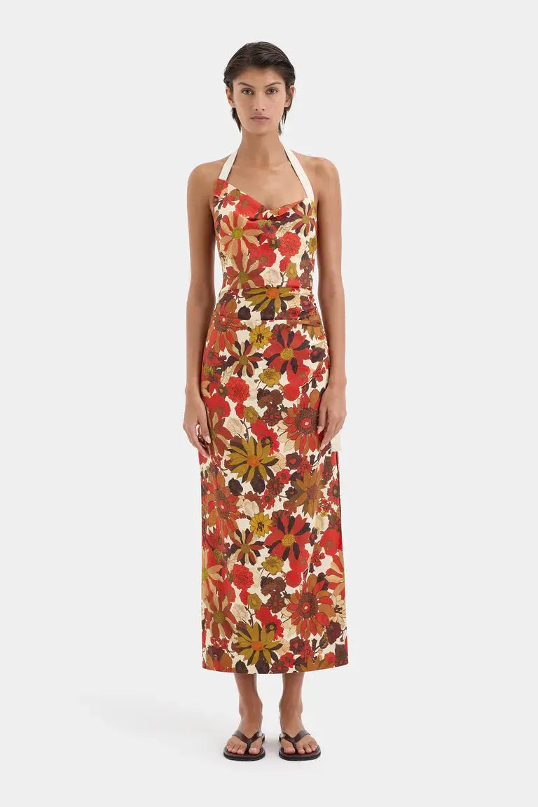 Castella Gathered Midi Dress in Flora Rosso Sir.