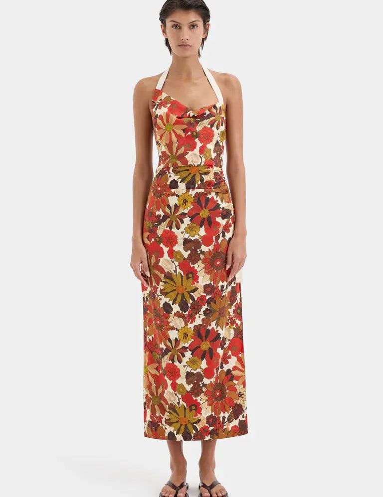 Castella Gathered Midi Dress in Flora Rosso Sir.