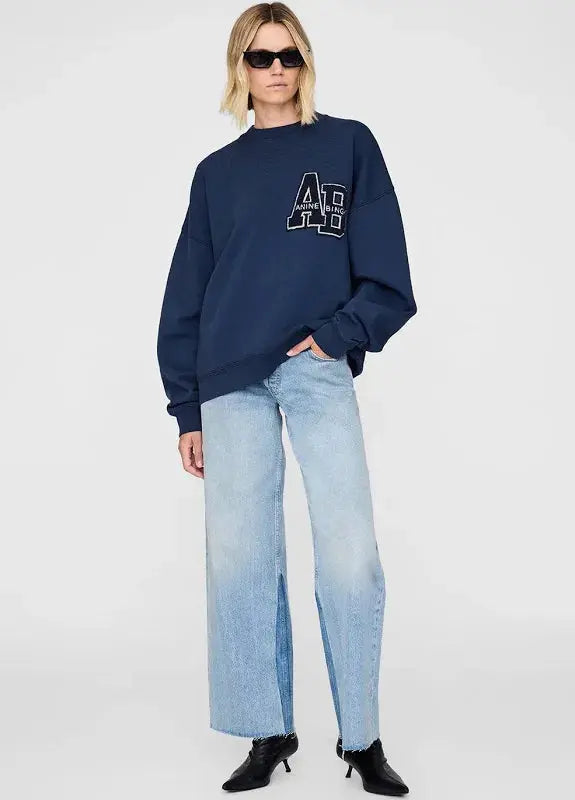 Miles Oversized Letterman Sweatshirt in Navy Blue Anine Bing