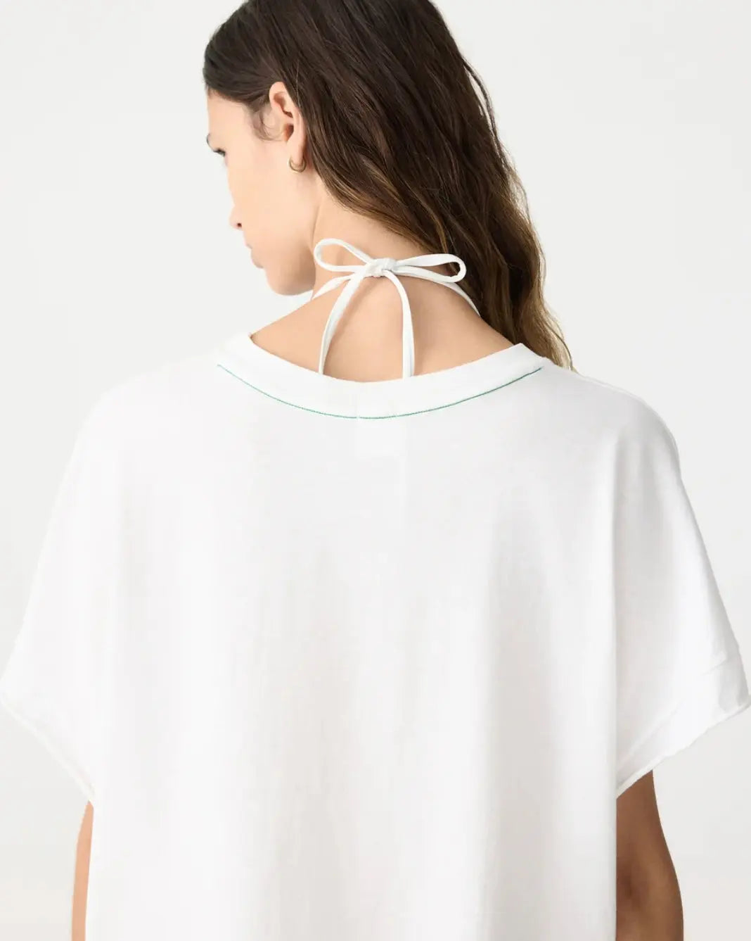 Boxy Pocket Detail Short Sleeve T-Shirt in White and Aloe Vera BASSIKE
