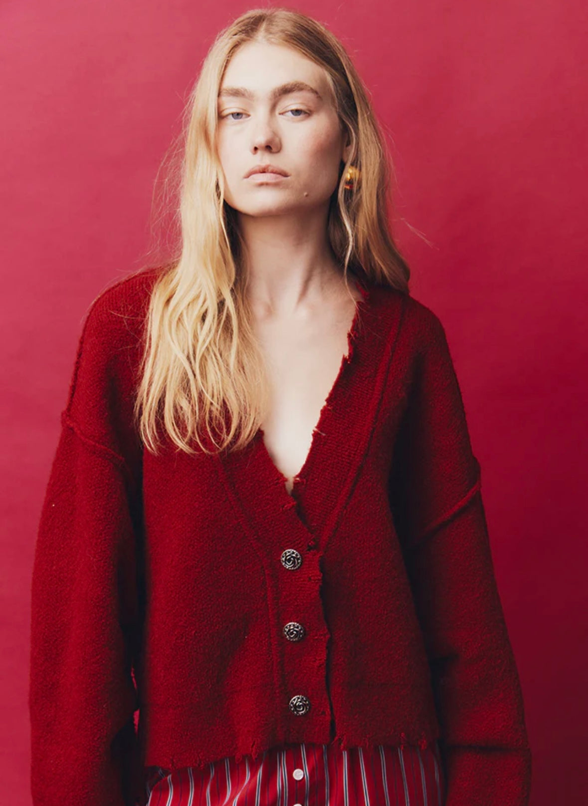 Red cardigan with silver buttons by Blanca at clothlifestyle boutique