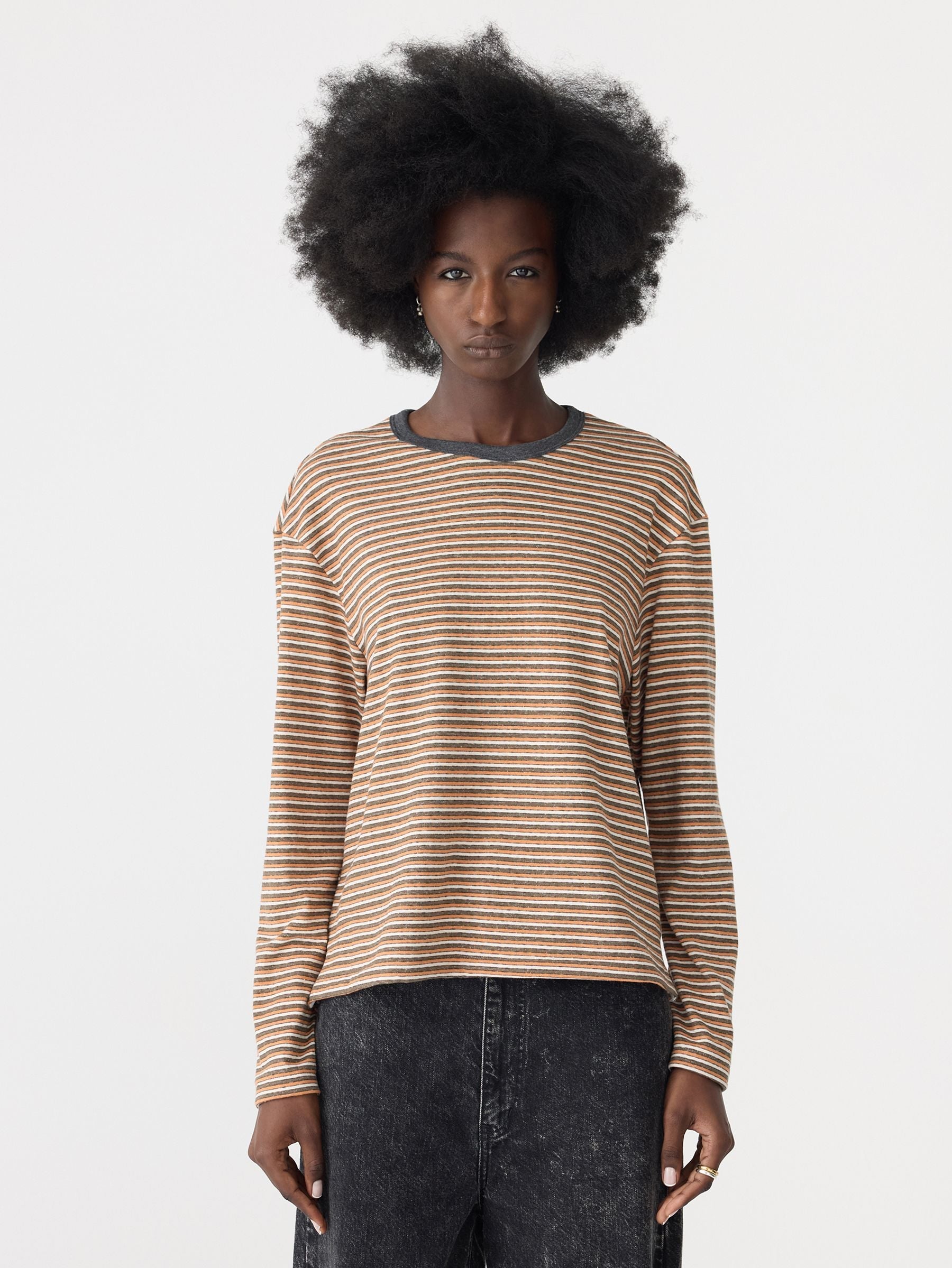 Vintage Stripe L/S Heritage T-Shirt in Orange/Charcoal/White Bassike