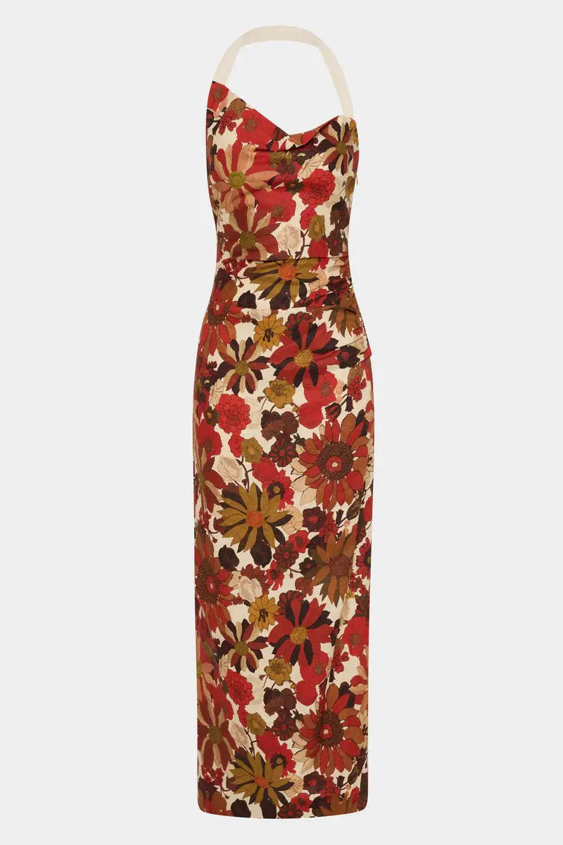 Castella Gathered Midi Dress in Flora Rosso Sir.