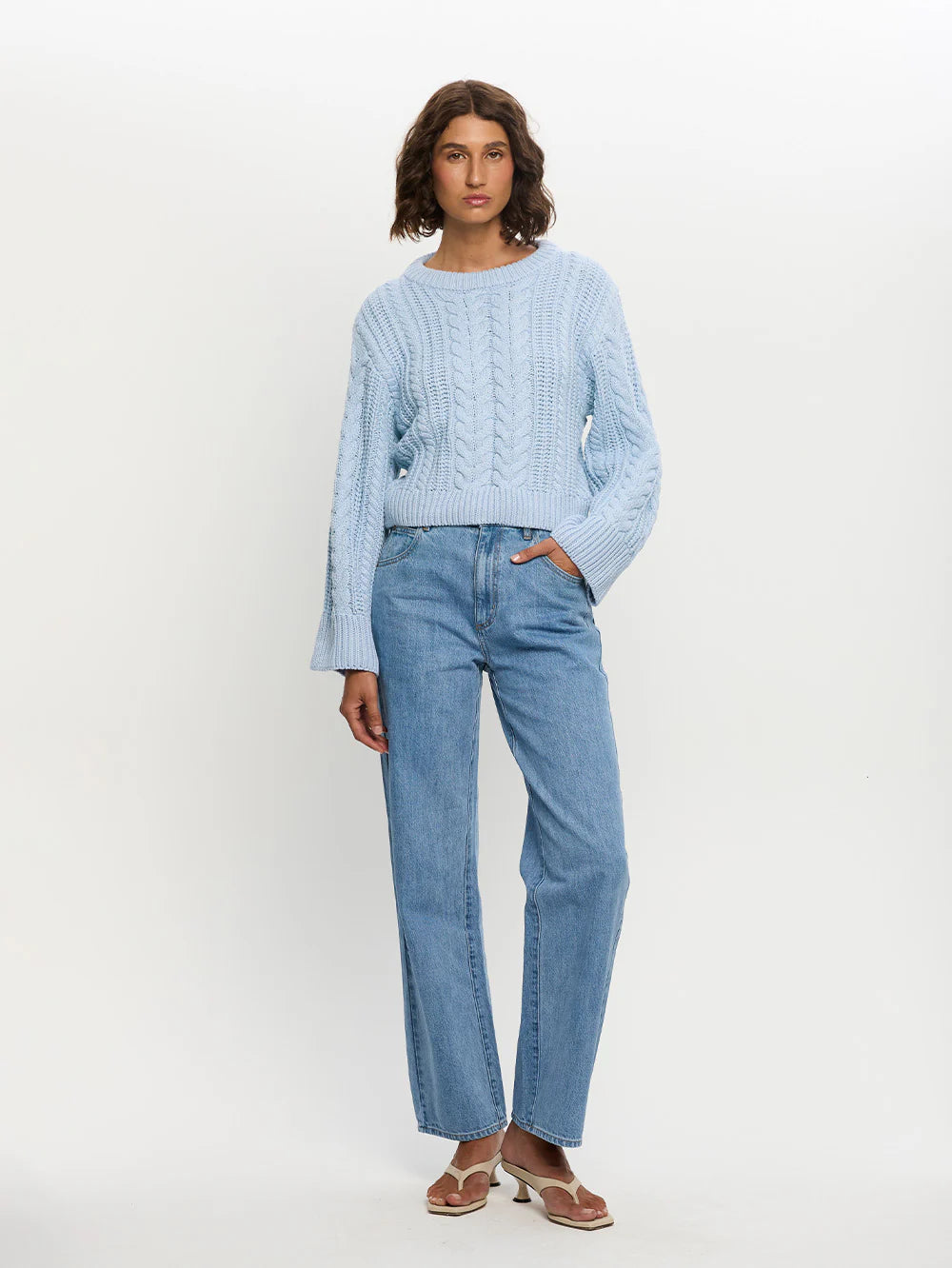 Cable knit sweater in blue by kivari at cloth lifestyle