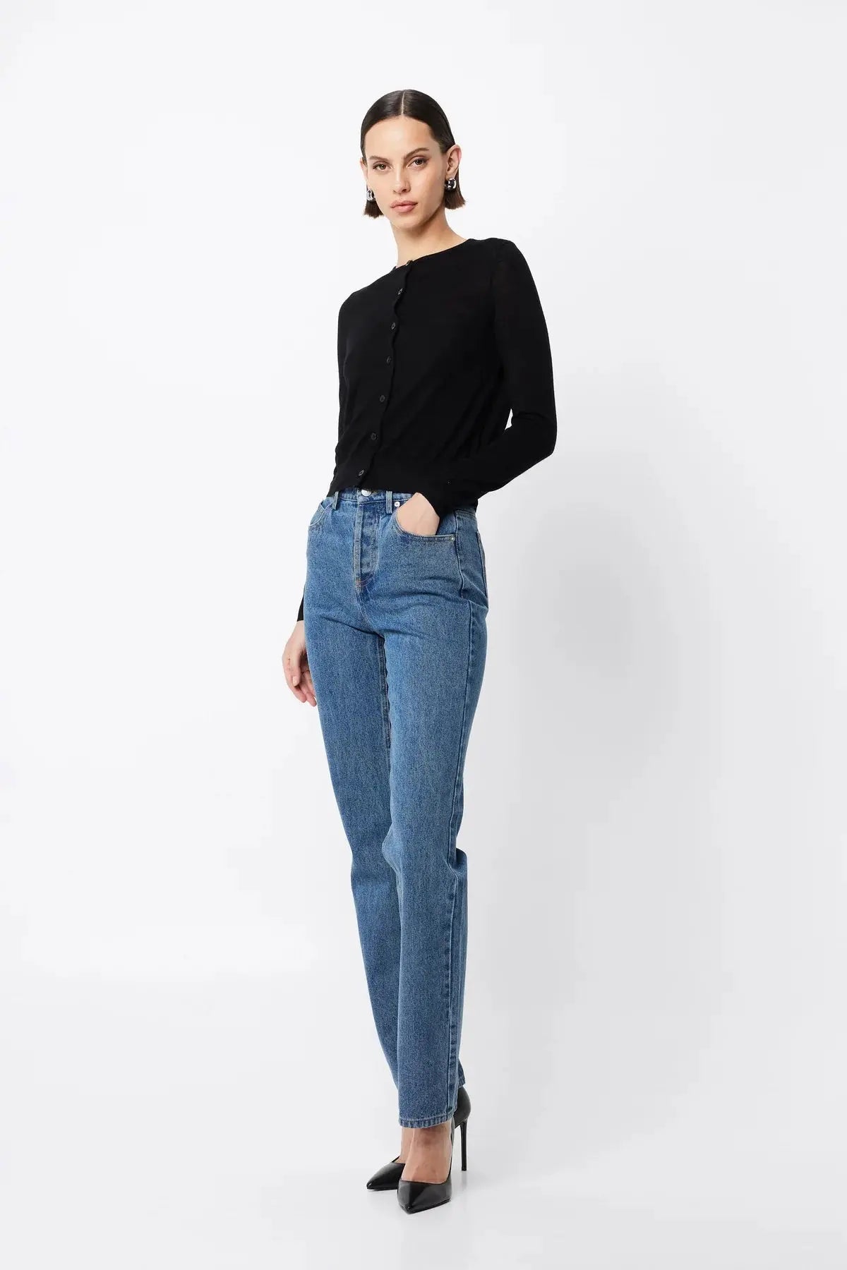 Maine Cardigan in Black Merino Wool Mossman
