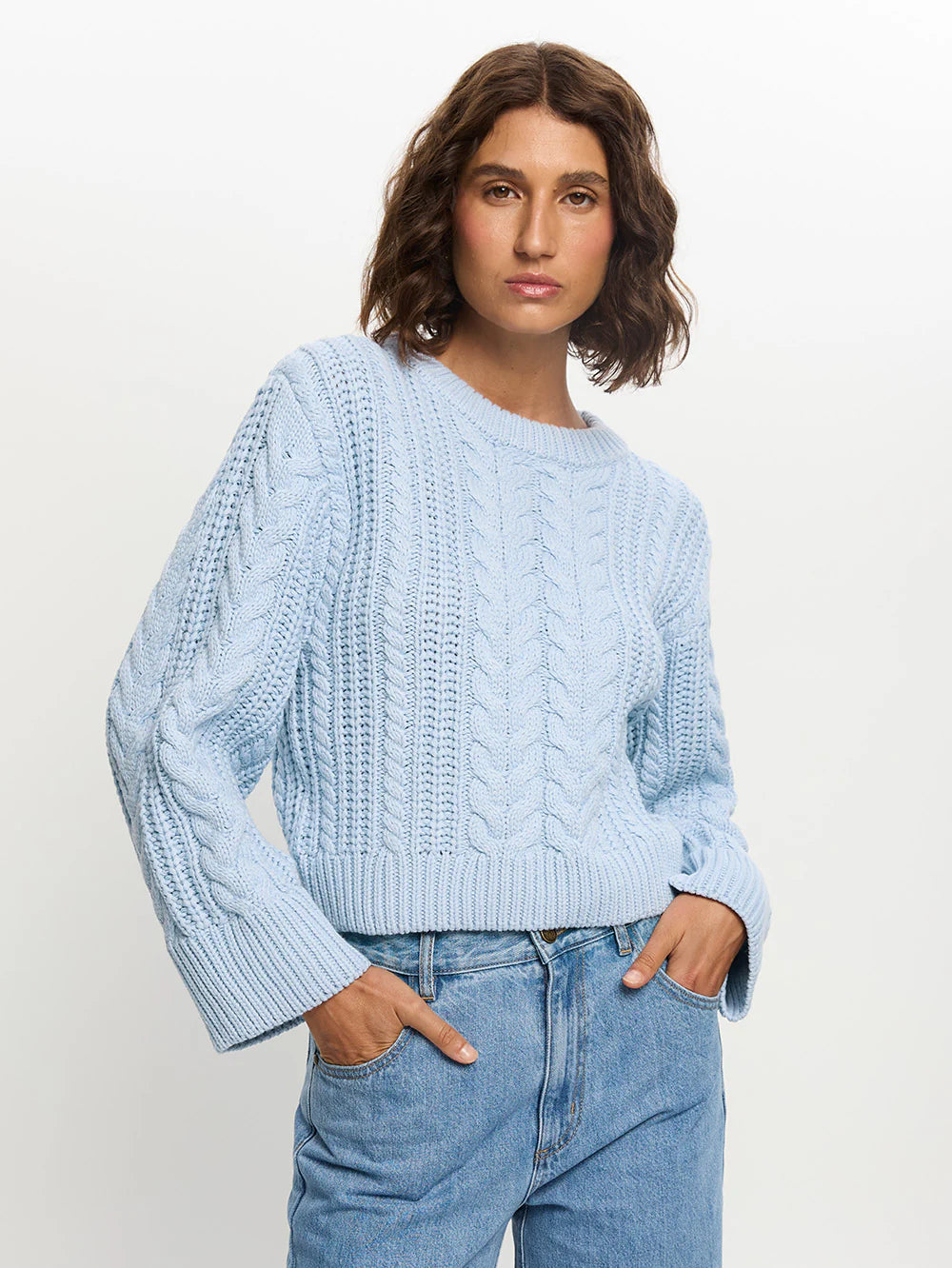 Blue knit with cable detailing by Kivari at clothlifestyle boutique