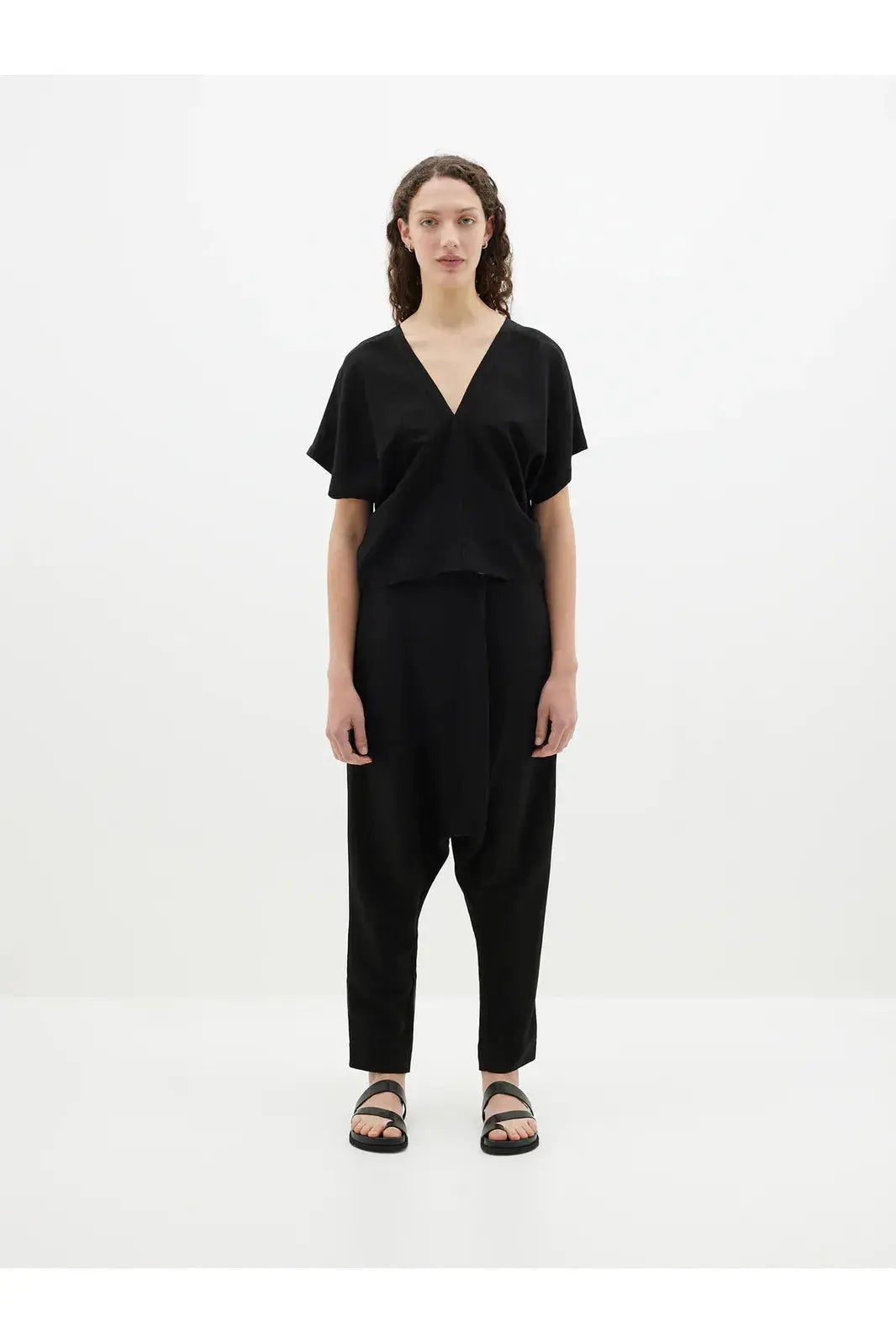 Viscose Linen V Neck Top in Black