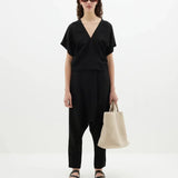 Viscose Linen V Neck Top in Black