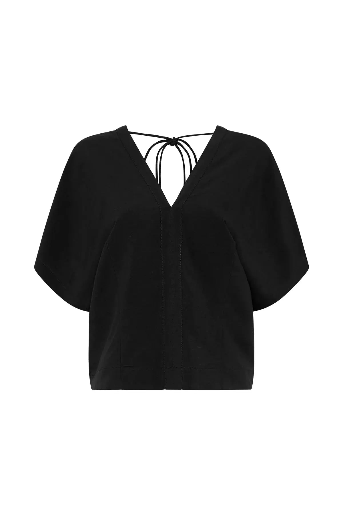 Viscose Linen V Neck Top in Black