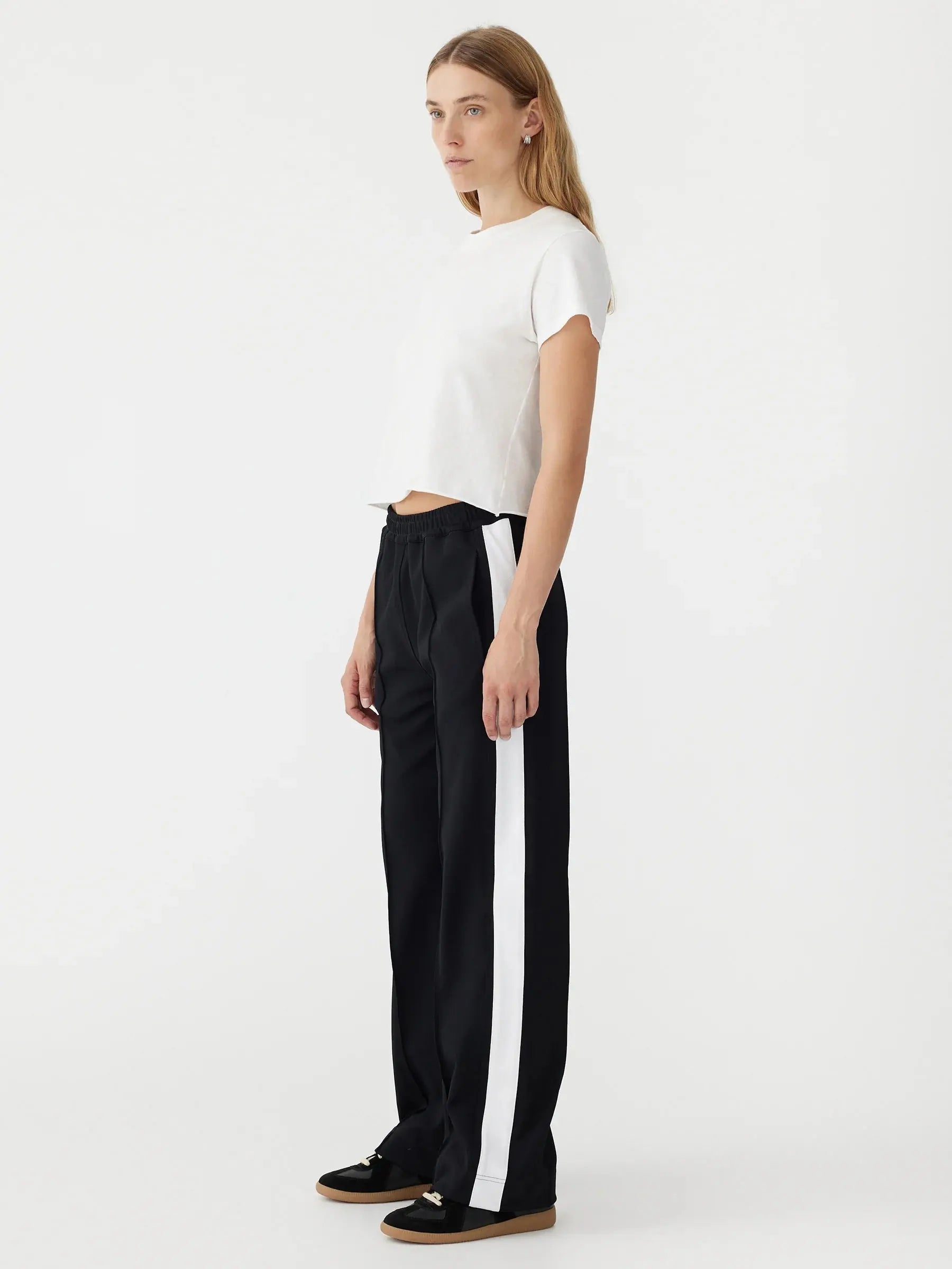 Twill Stripe Detail Pant in Black and White Bassike