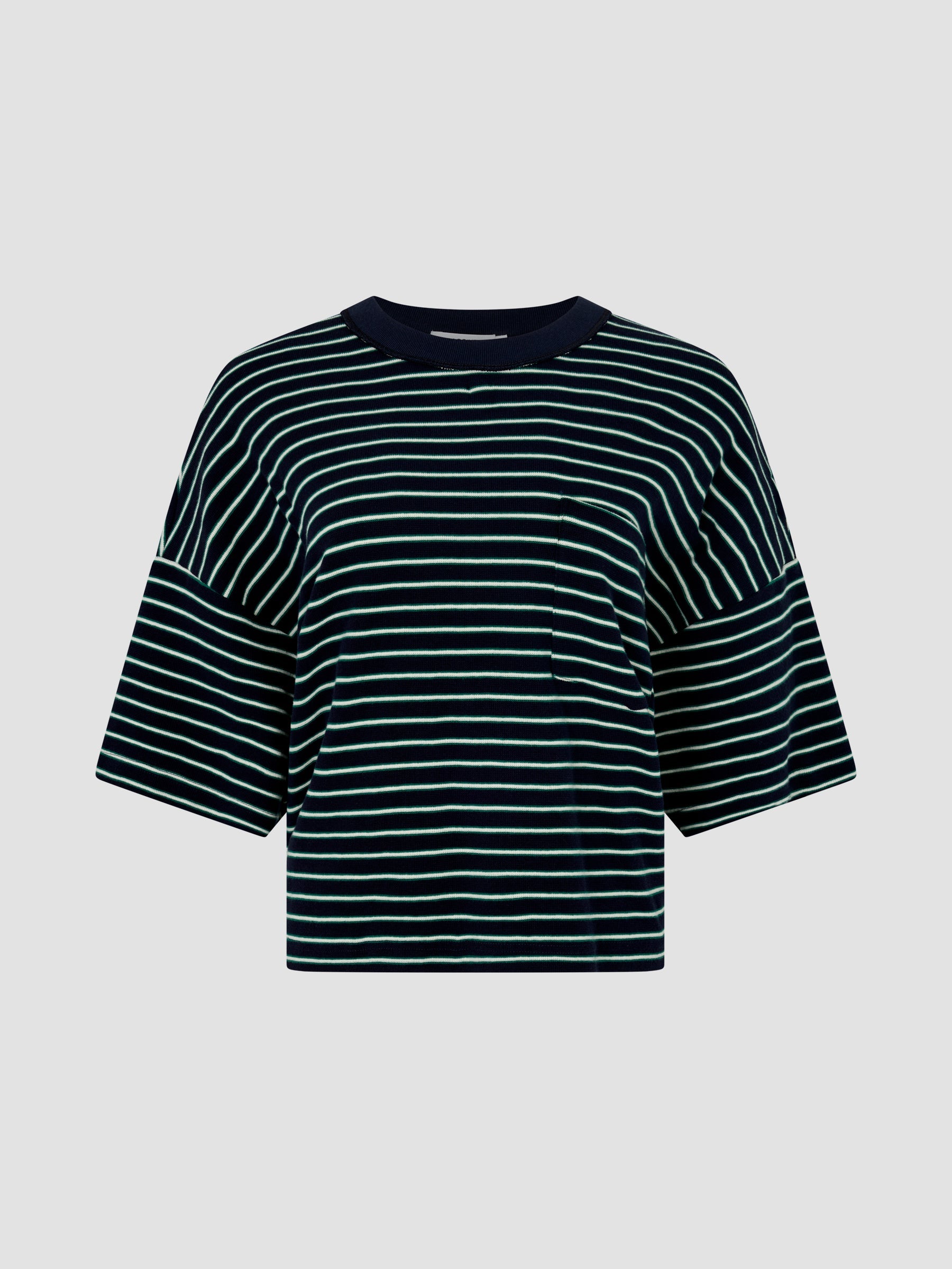 Stripe Boxy T-Shirt in Navy/Green/White BASSIKE