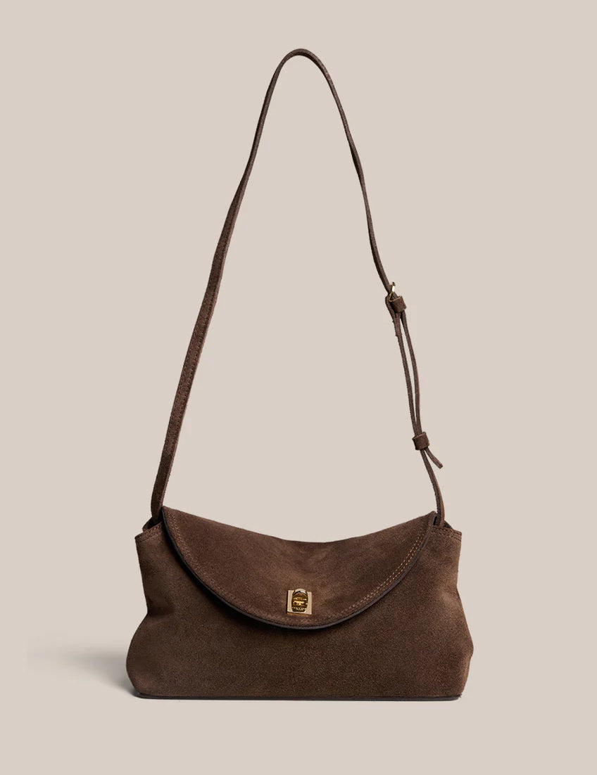 Sloane Suede Crossbody Clutch in Chocolate Suede Vestirsi