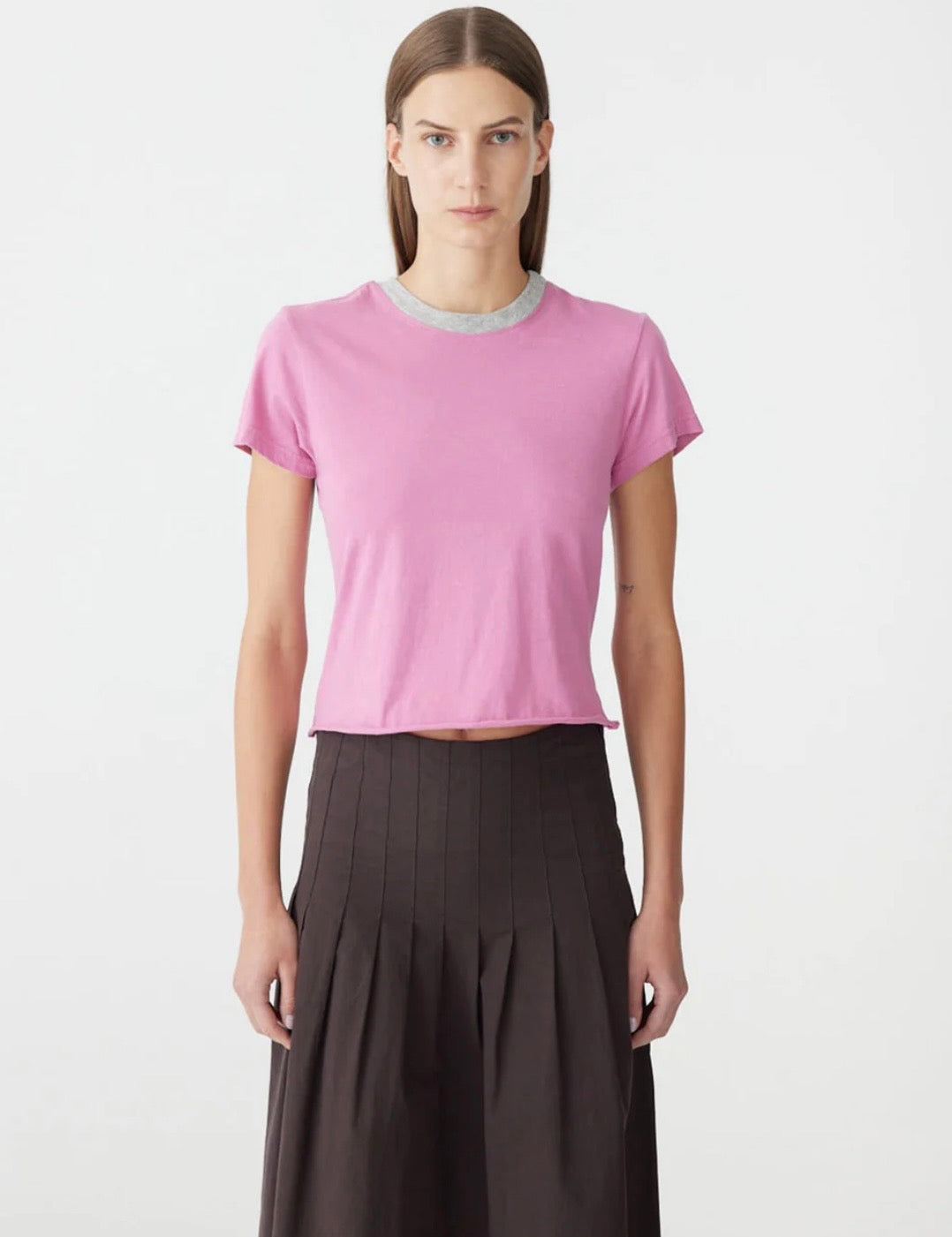 Contrast Raw Edge Baby T-Shirt in Boysenberry/Grey Marle BASSIKE