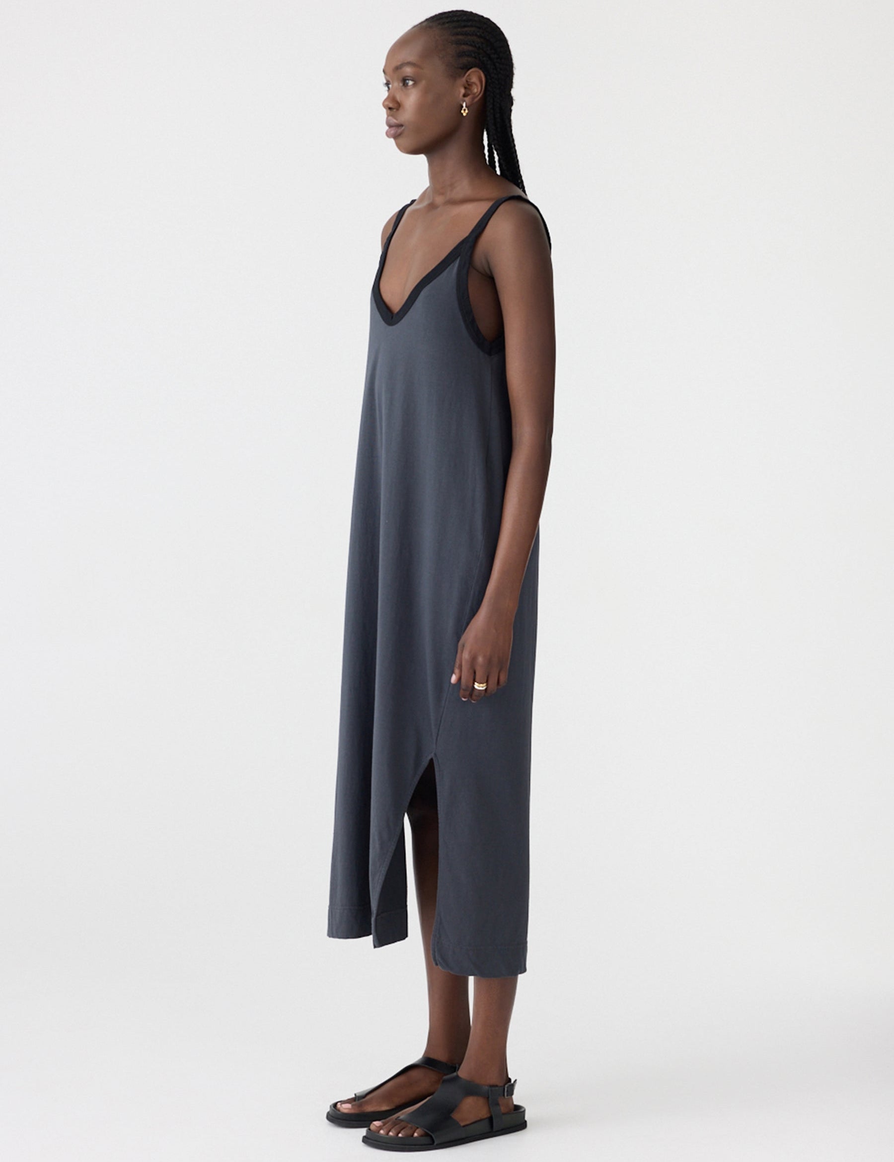 Contrast V- Neck Slip Dress in Black Bassike