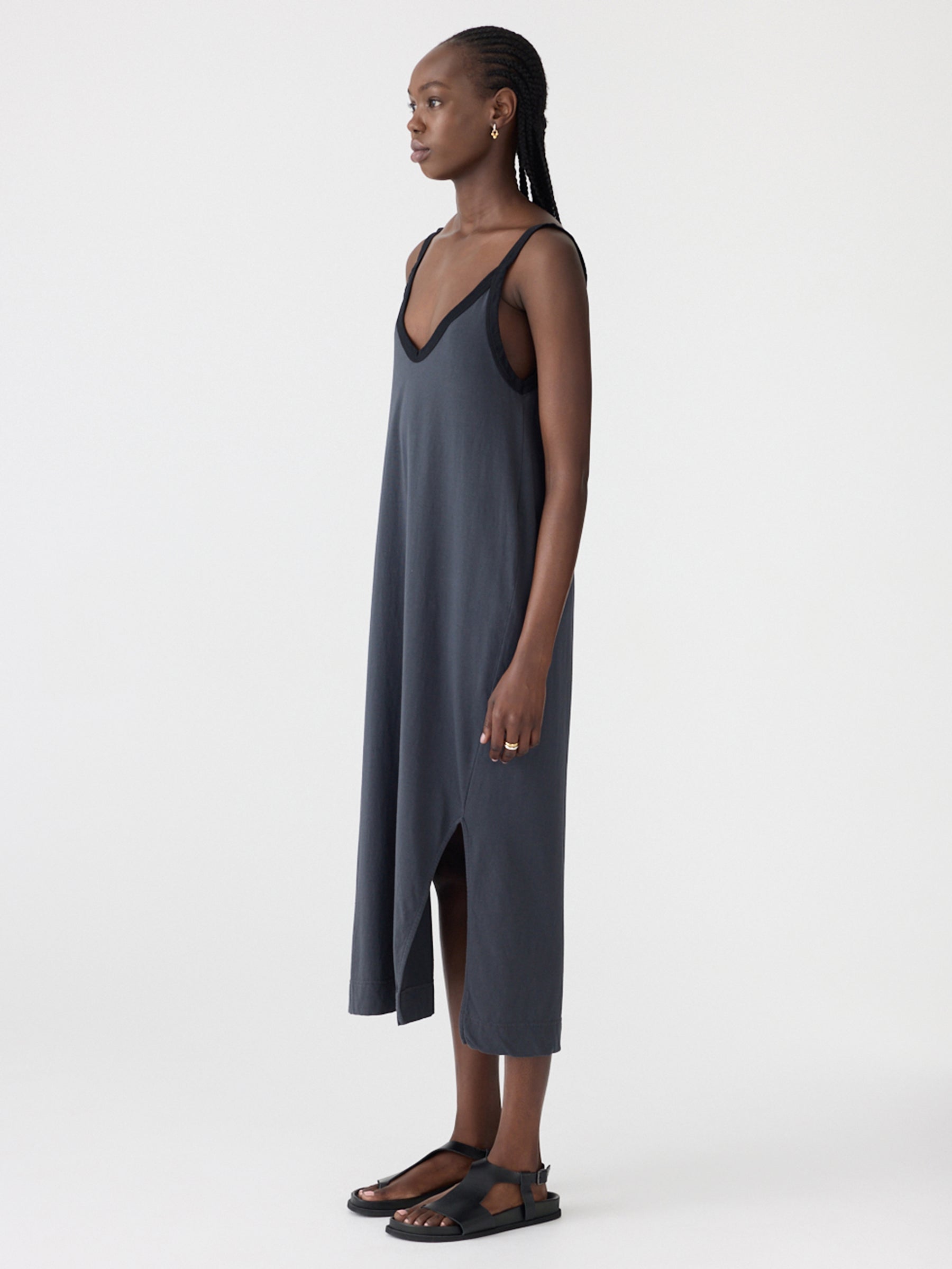 Contrast V- Neck Slip Dress in Black Bassike