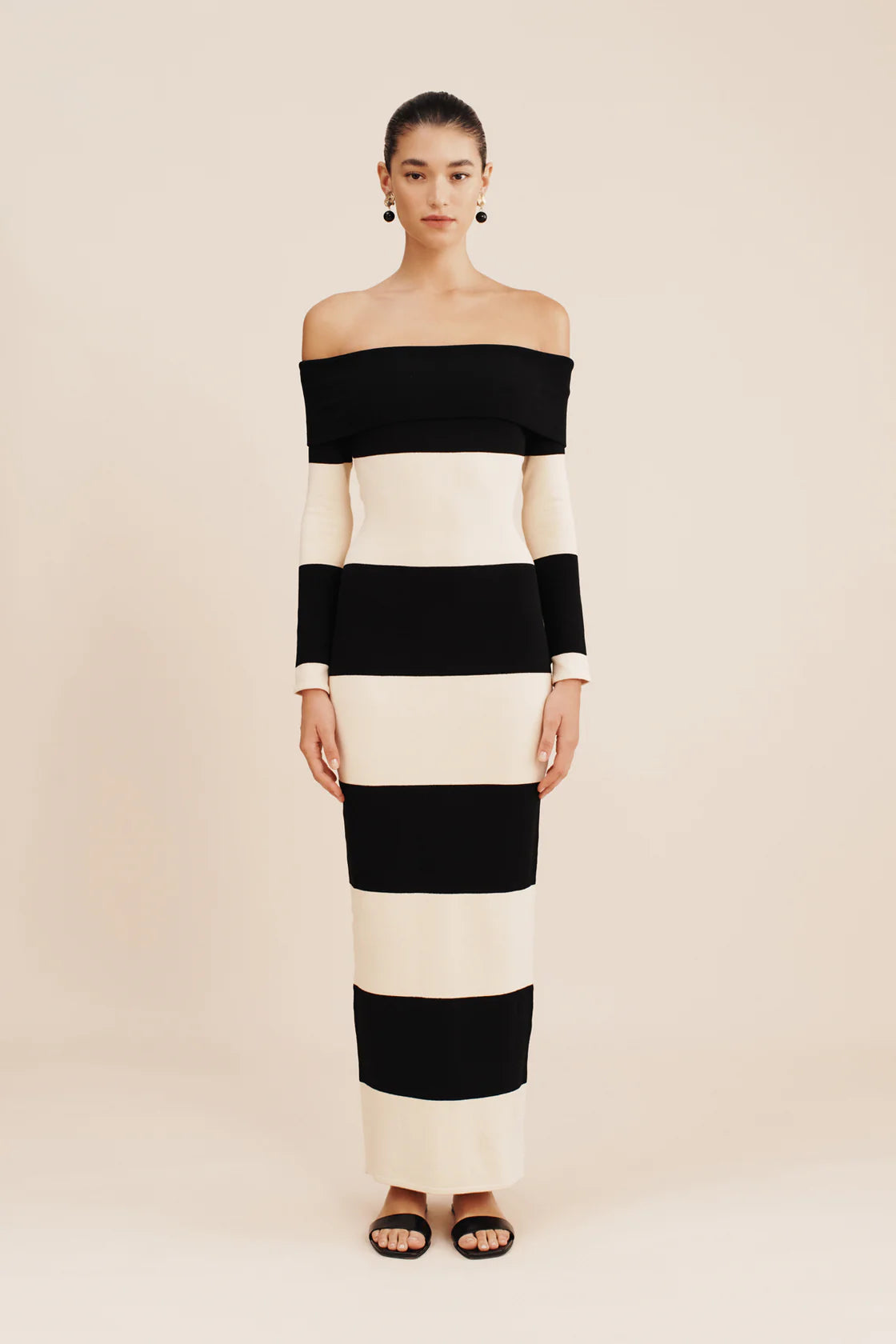 Theo Off The Shoulder Dress - Black Stripe