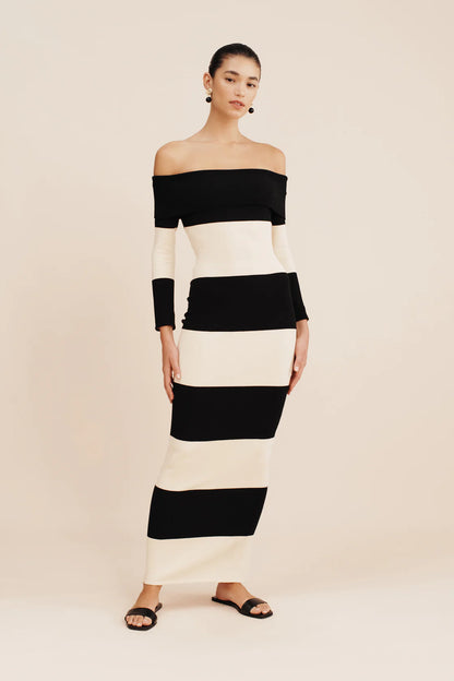 Theo Off The Shoulder Dress - Black Stripe