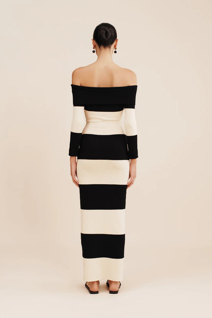 Theo Off The Shoulder Dress - Black Stripe