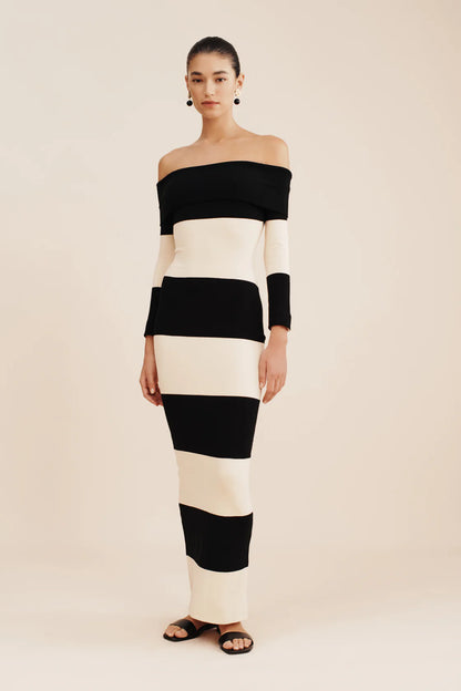 Theo Off The Shoulder Dress - Black Stripe