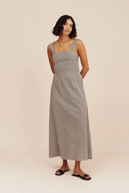 Amelia Square Neck Dress in Gingham Black