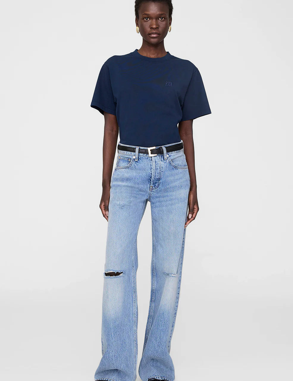 Blue tshirt with blue jeans 