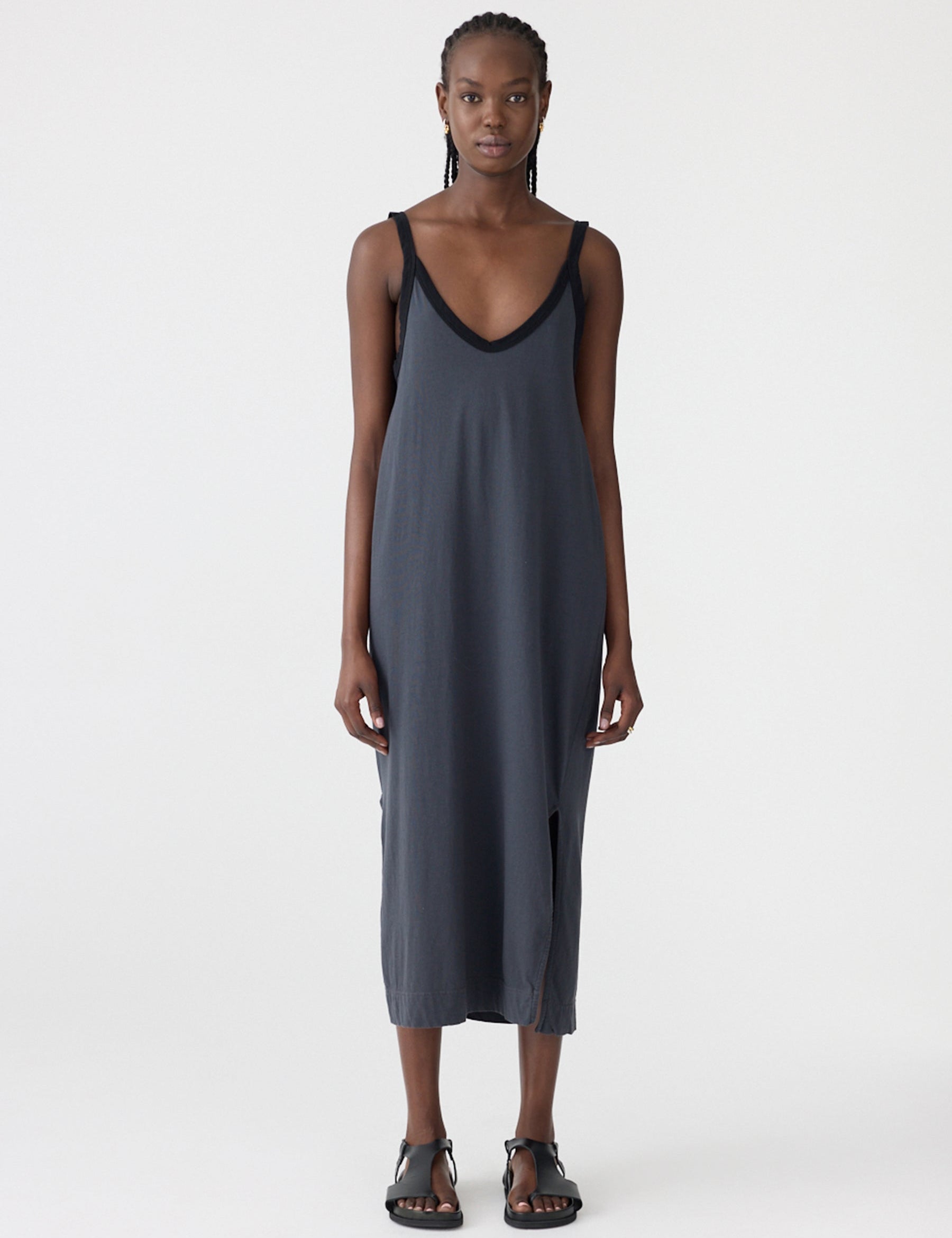 Contrast V- Neck Slip Dress in Black Bassike