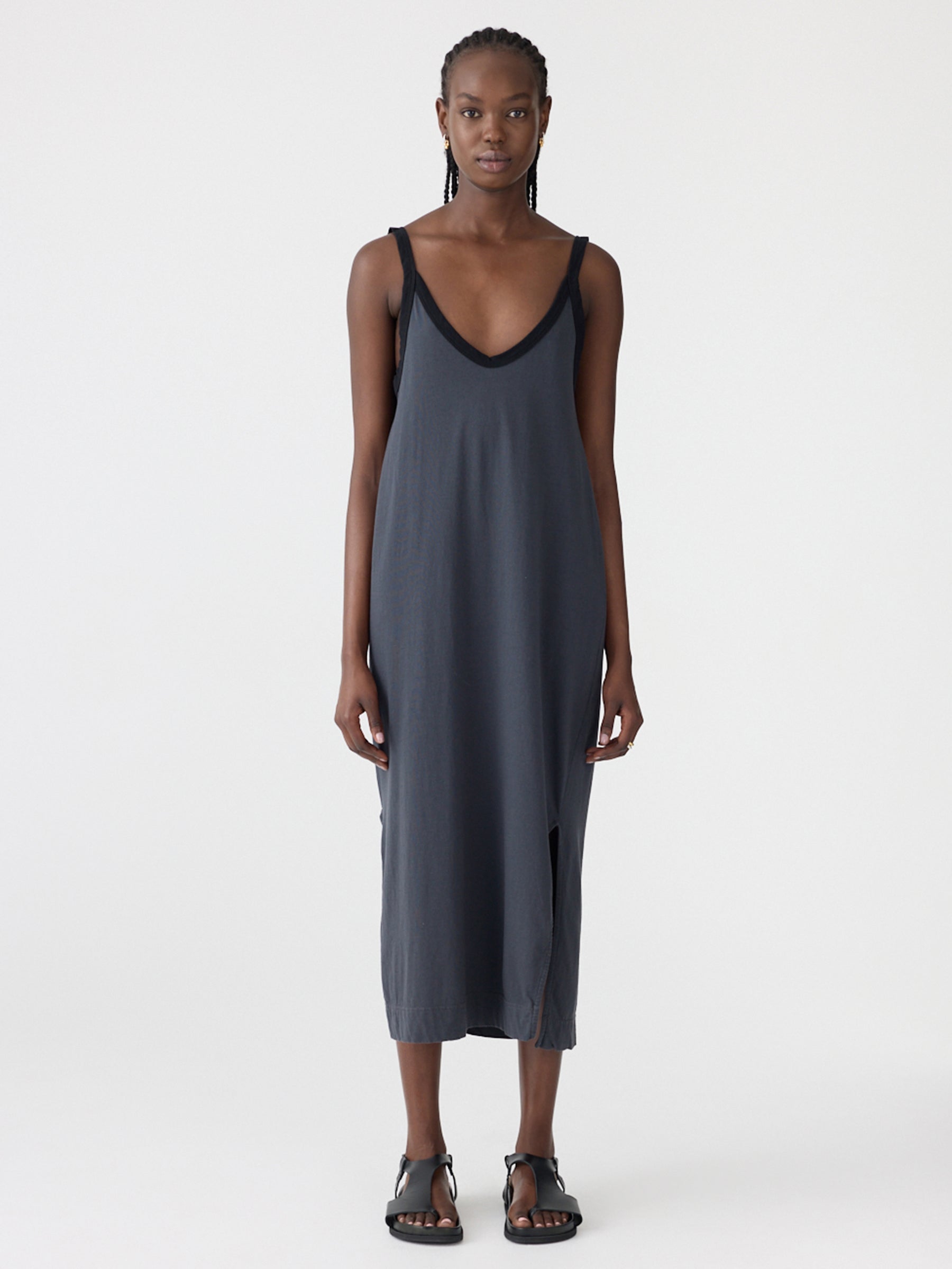 Contrast V- Neck Slip Dress in Black Bassike