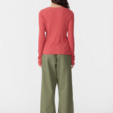 Sheer Rib L/S T-Shirt in Red