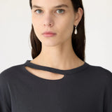 Raw Neck Cut Out L/S T-Shirt in Navy