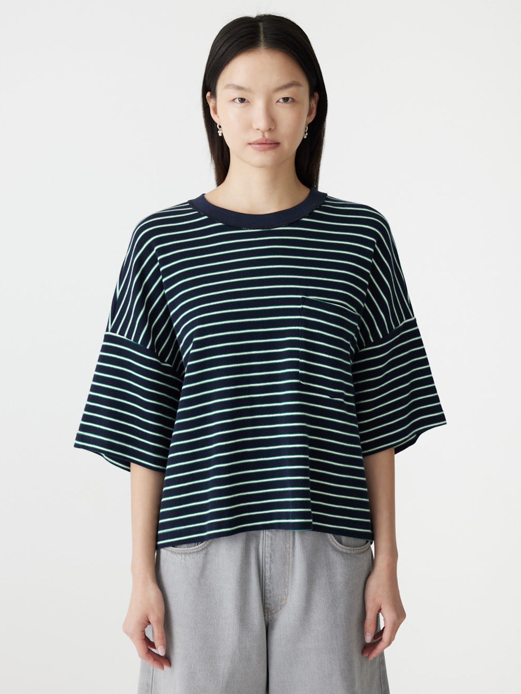Stripe Boxy T-Shirt in Navy/Green/White BASSIKE