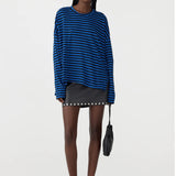Stripe Boxy Heritage L/S Tshirt in Cobalt and Black -  BASSIKE