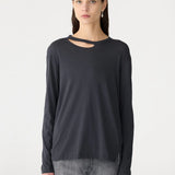 Raw Neck Cut Out L/S T-Shirt in Navy