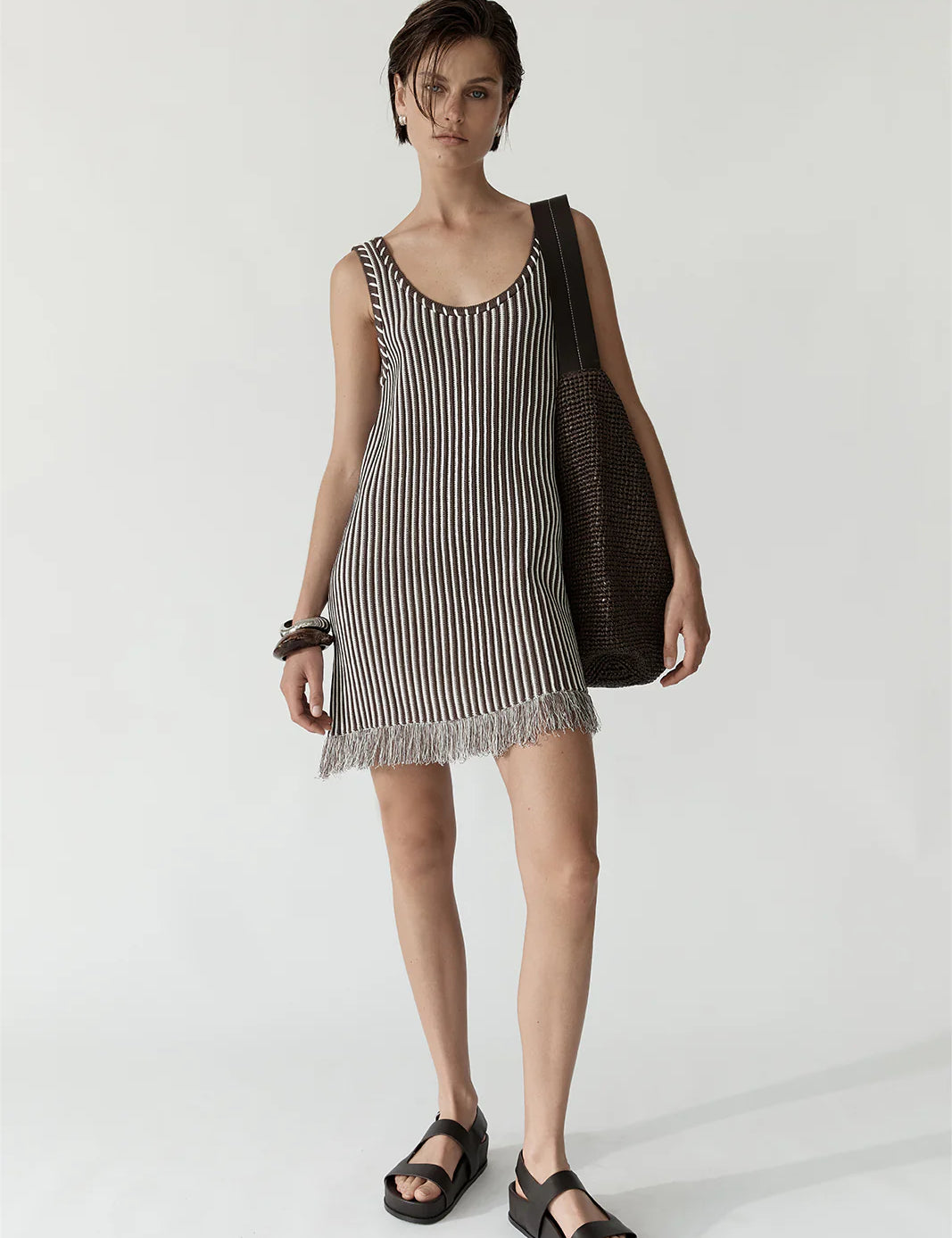 Alessandra Mini Knit Dress Chocolate Stripe Elka Collective