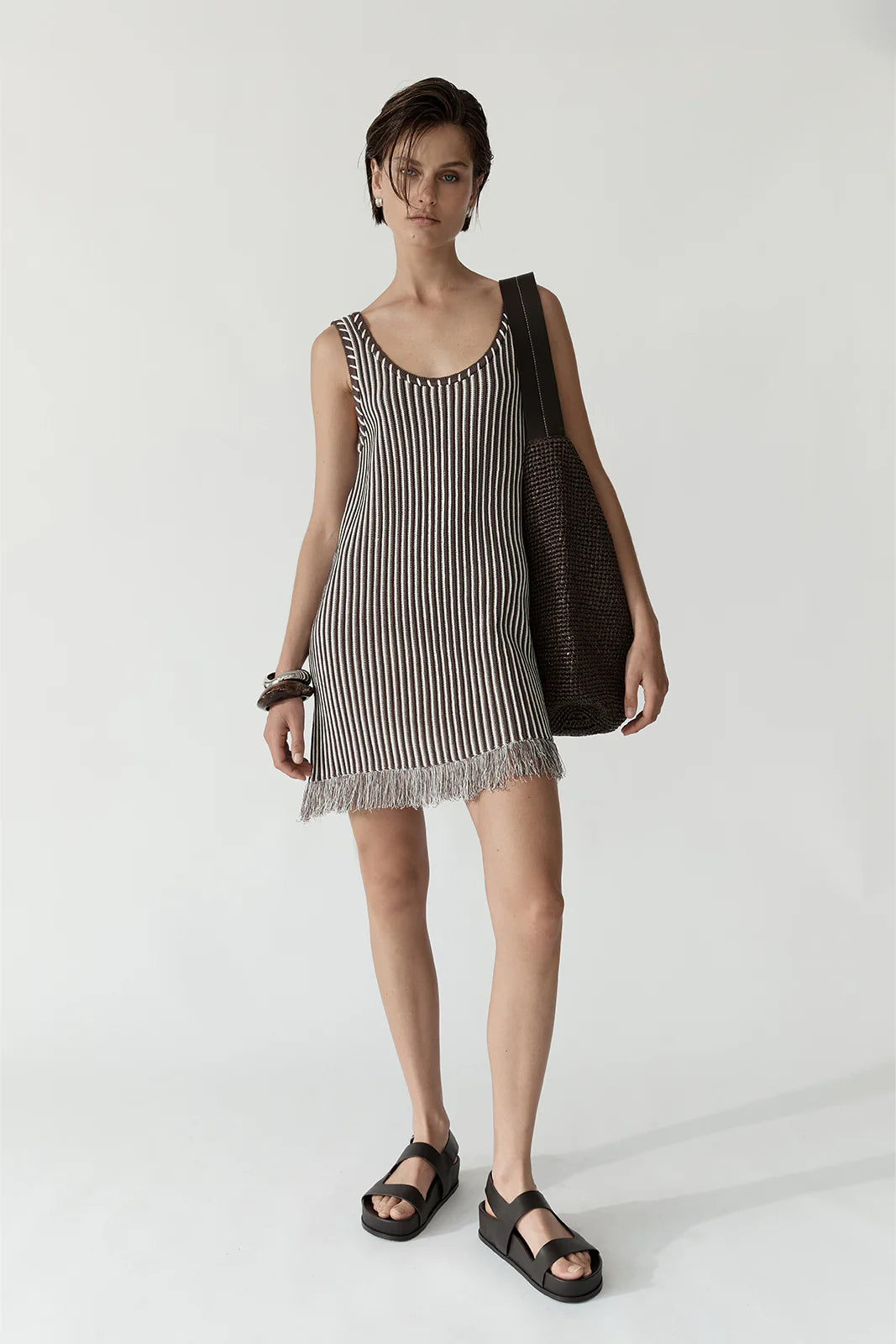Alessandra Mini Knit Dress Chocolate Stripe Elka Collective