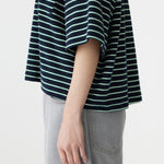 Stripe Boxy T-Shirt in Navy/Green/White BASSIKE