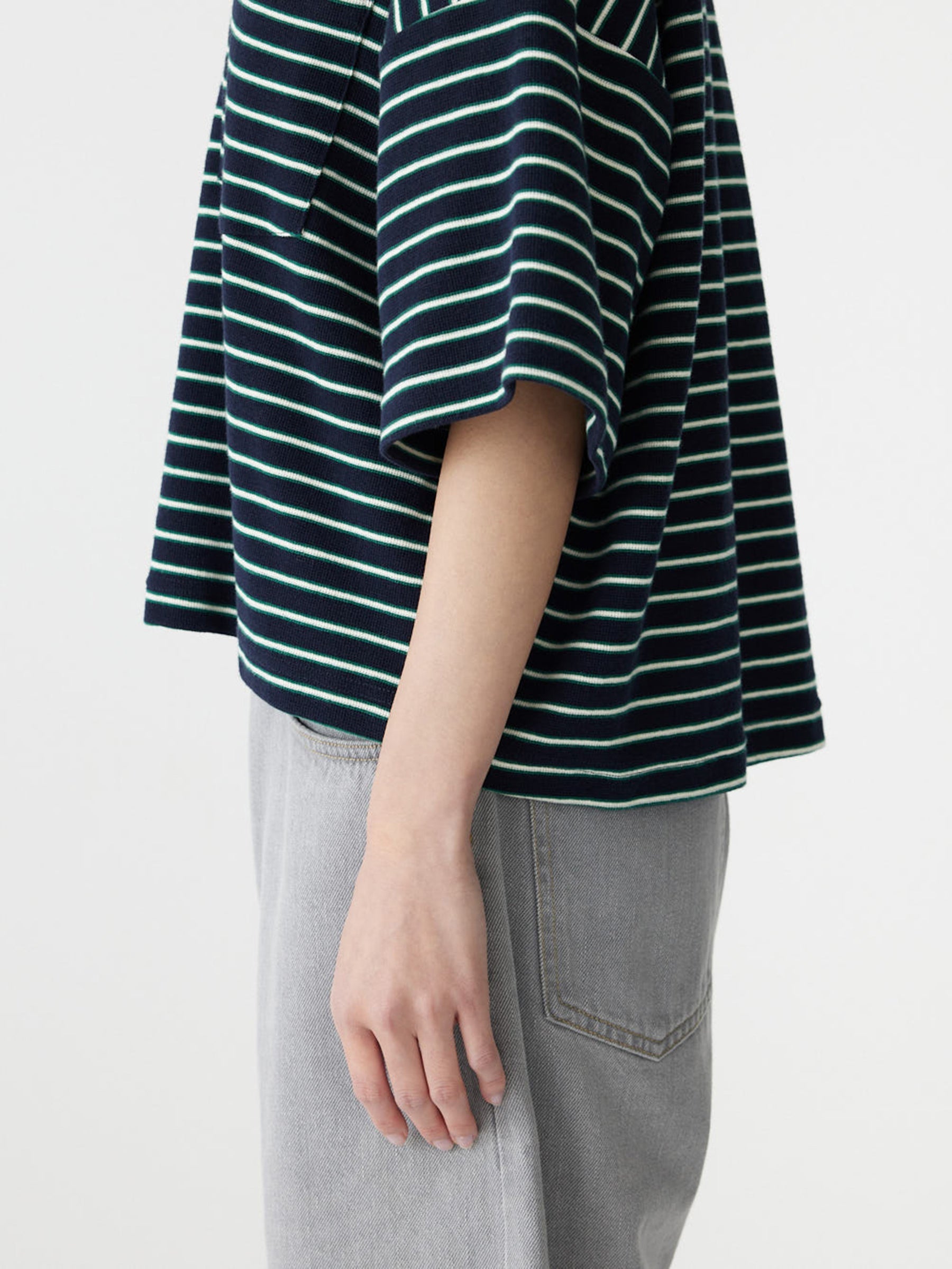 Stripe Boxy T-Shirt in Navy/Green/White BASSIKE