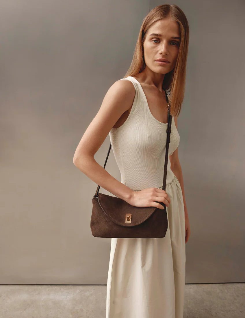 Sloane Suede Crossbody Clutch in Chocolate Suede Vestirsi