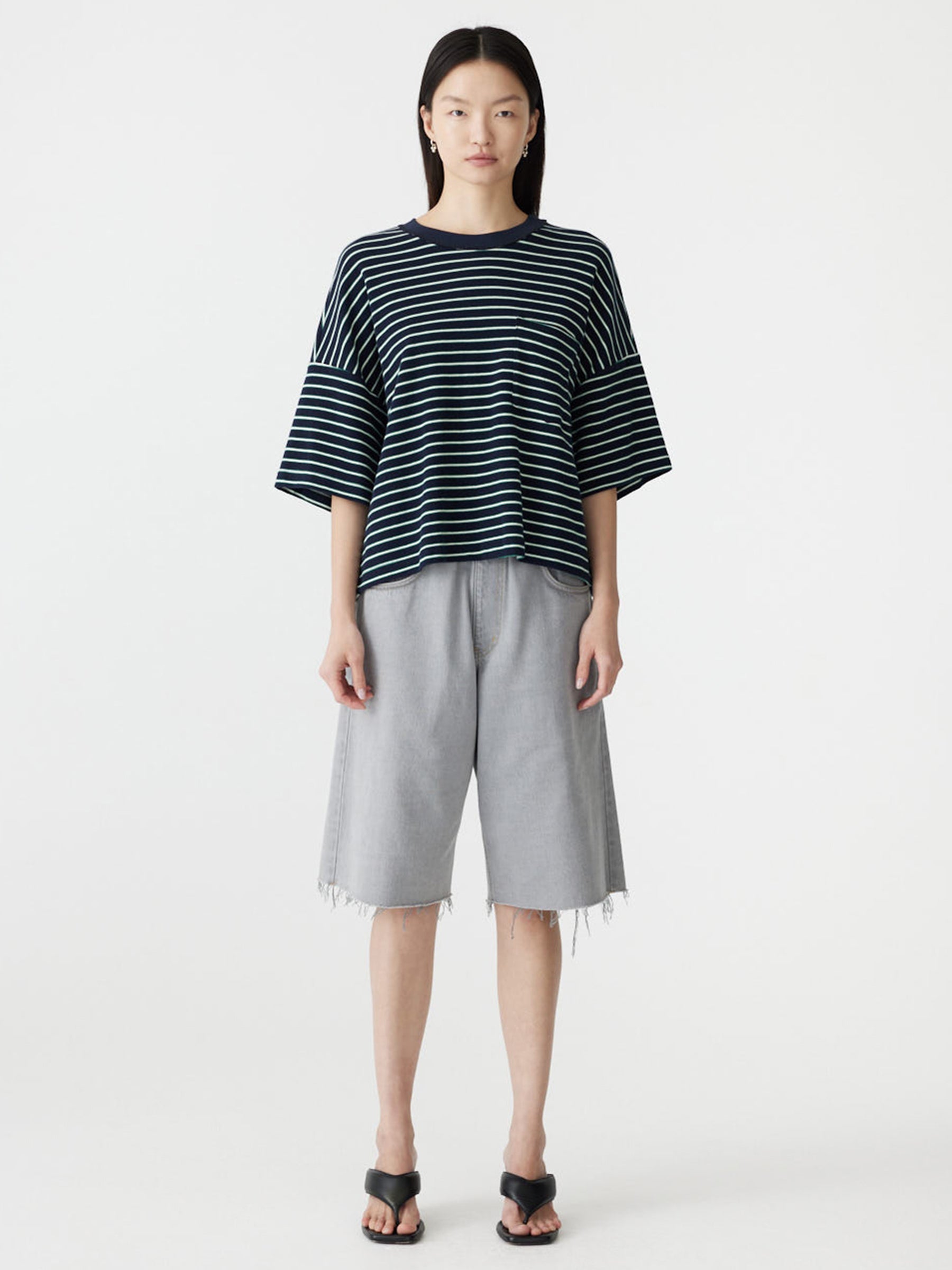 Stripe Boxy T-Shirt in Navy/Green/White BASSIKE
