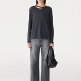 Raw Neck Cut Out L/S T-Shirt in Navy