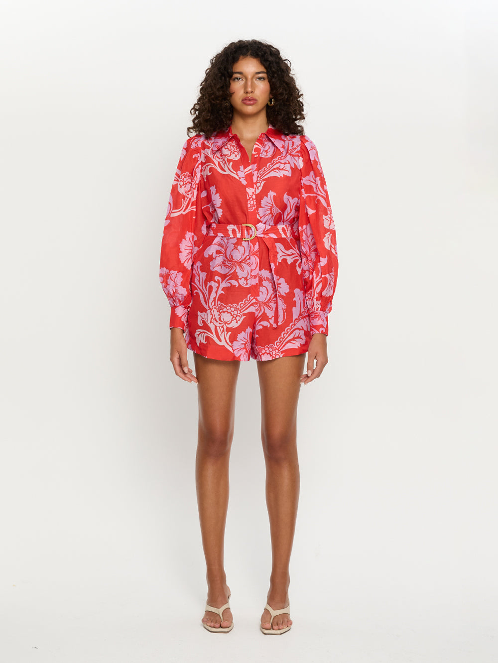 floral linen playsuit red with long sleeve