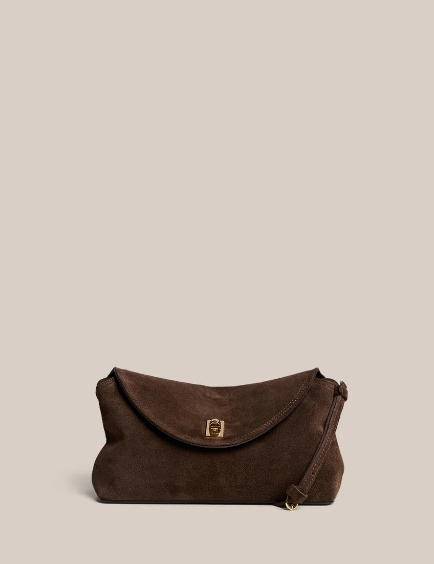 Sloane Suede Crossbody Clutch in Chocolate Suede Vestirsi