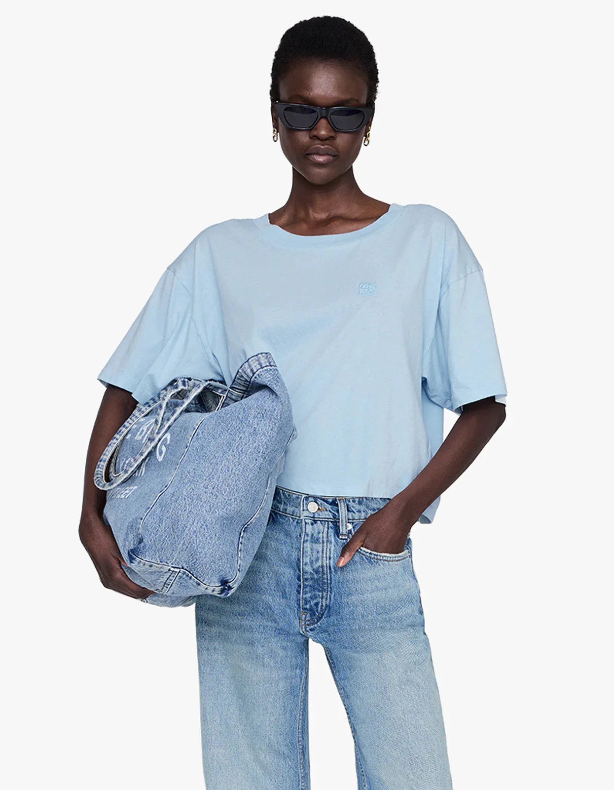 Johnny Cropped Tee Framed Monogram in Pale Blue ANINE BING