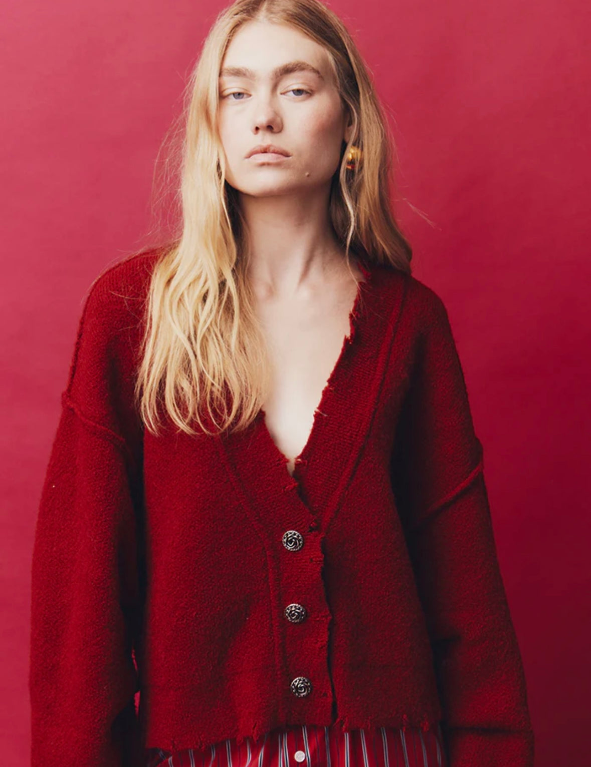 Red cardigan with silver buttons by Blanca at clothlifestyle boutique 