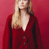 Red cardigan with silver buttons by Blanca at clothlifestyle boutique 